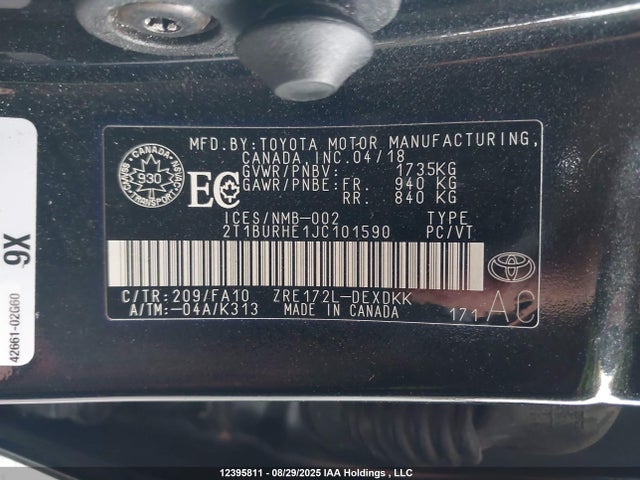 2T1BURHE1JC101590 Toyota 2zr-fe