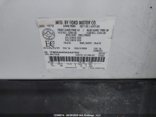1FM5K8AR5KGA97682 Ford 3.7l ti-vct