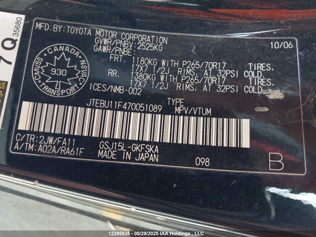 12395835 :رقم المزاد ، JTEBU11F470051089 vin ، 2007 Toyota Fj Cruiser مزاد بيع