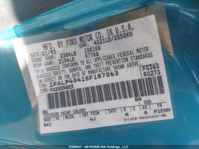 12395837 :رقم المزاد ، 1FALP4041SF187063 vin ، 1995 Ford Mustang مزاد بيع
