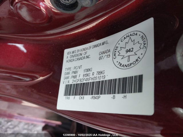 Honda r18z1 2015 2HGFB2F4XFH051019 Image 9