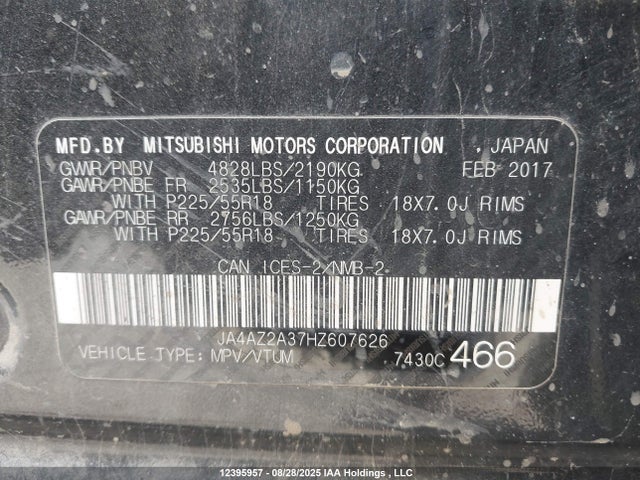 2017 Mitsubishi Outlander Es მანქანა იყიდება აუქციონზე, vin: JA4AZ2A37HZ607626, აუქციონის ნომერი: 12395957