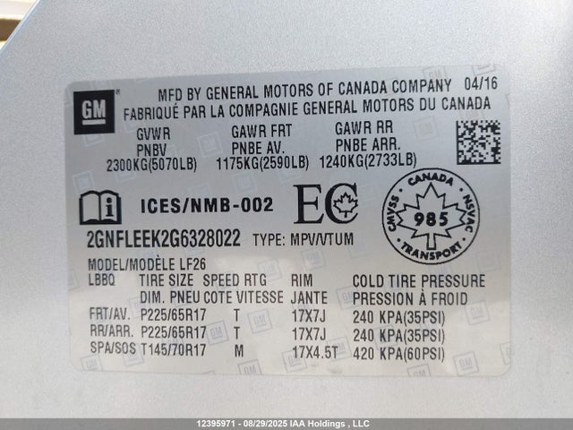 Chevrolet lea - e85 max, aluminum 2016 2GNFLEEK2G6328022 Image 9
