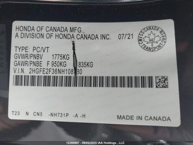 Honda Civic 2022 2HGFE2F36NH108880 Image 9