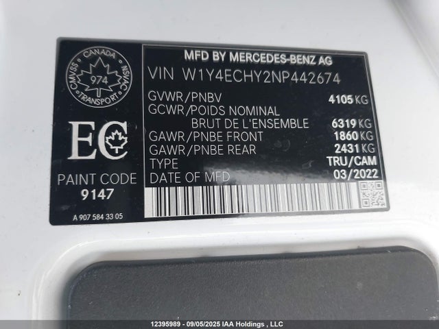 12395989 :رقم المزاد ، W1Y4ECHY2NP442674 vin ، 2022 Mercedes-benz Sprinter 2500 High Roof V6 Diesel مزاد بيع