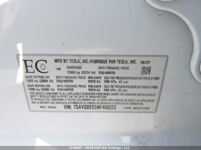7SAYGDEE5NF466223 Tesla Model Y