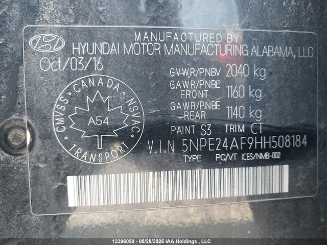 5NPE24AF9HH508184 Hyundai Sonata