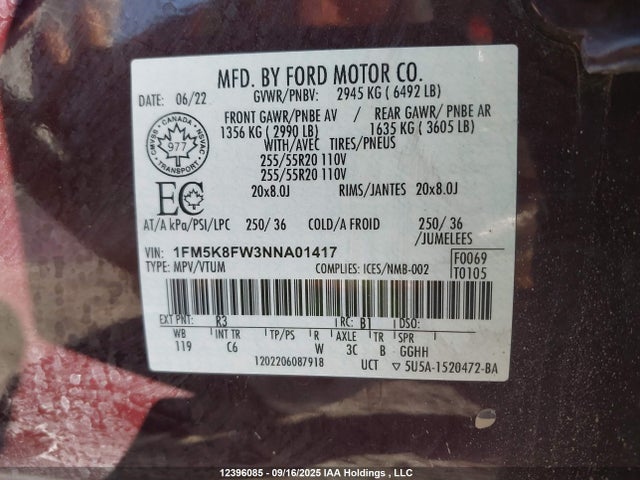 1FM5K8FW3NNA01417 Ford ti-vct
