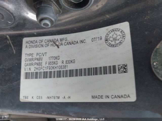 Honda l15b7/l15by 2019 2HGFC1F90KH106381 Image 9