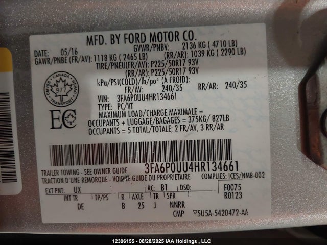 12396155 :رقم المزاد ، 3FA6P0UU4HR134661 vin ، 2017 Ford Fusion Hybrid S مزاد بيع