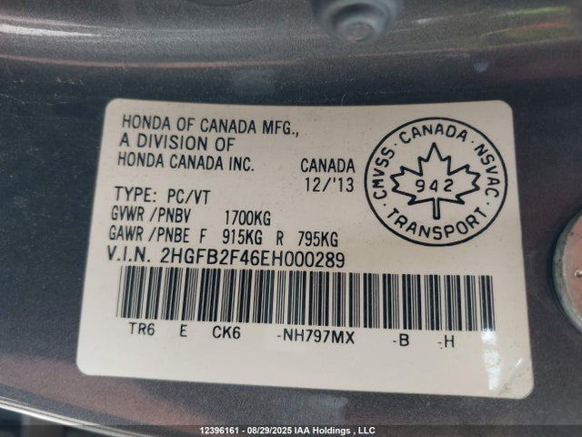 Honda r18z1 2014 2HGFB2F46EH000289 Image 9