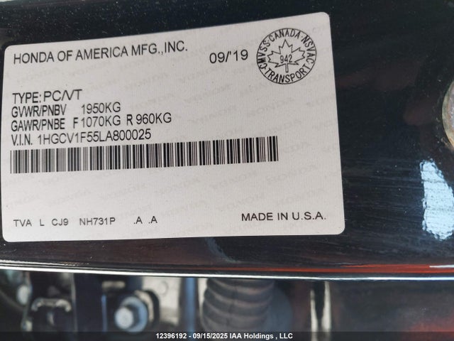 1HGCV1F55LA800025 Honda l15be
