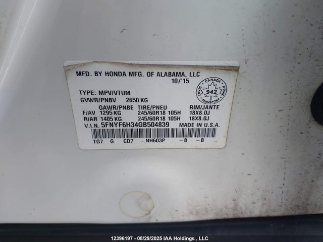 5FNYF6H34GB504839 Honda j35y6