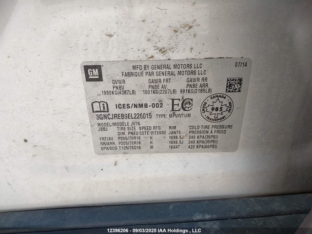 12396206 :رقم المزاد ، 3GNCJREB9EL226015 vin ، 2014 Chevrolet Trax 2lt مزاد بيع