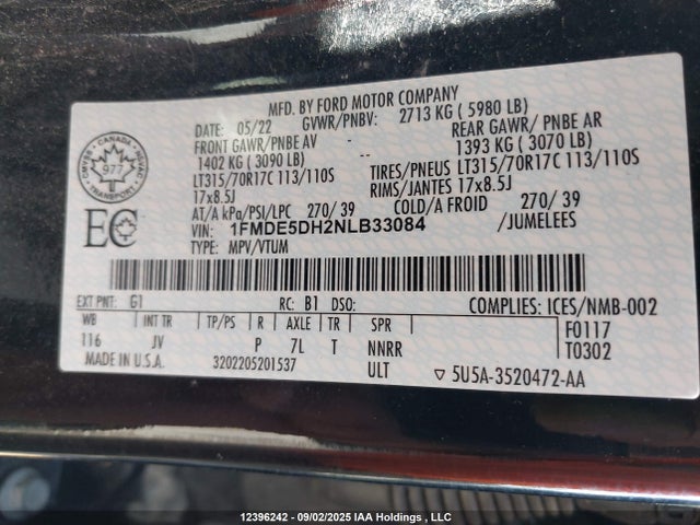 Продажа на аукционе авто 2022 Ford Bronco, vin: 1FMDE5DH2NLB33084, номер лота: 12396242