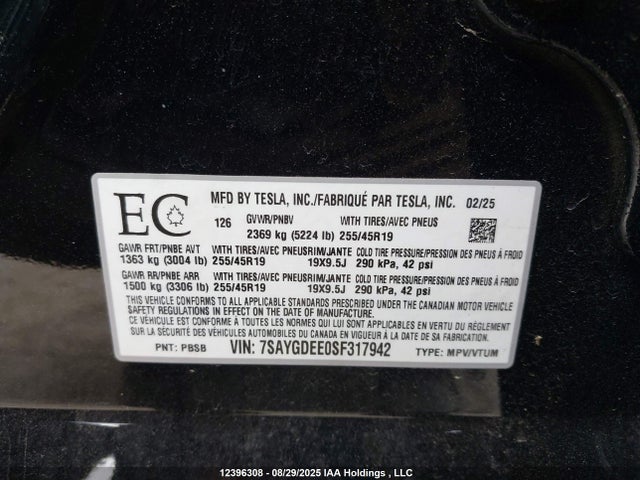 7SAYGDEE0SF317942 Tesla 2025