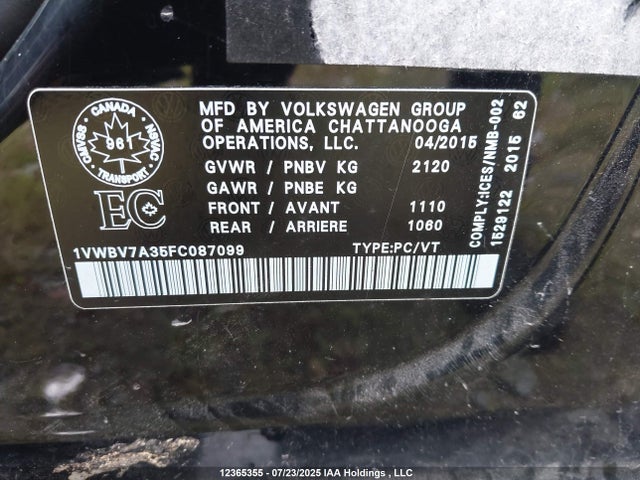 Volkswagen Passat 2015 1VWBV7A35FC087099 Image 9
