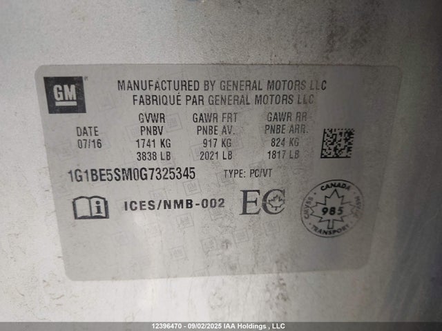 1G1BE5SM0G7325345 Chevrolet le2 - di: direct injection, alum, vvt, gen i, gmna