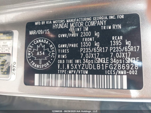 5XYZUDLB1FG286928 Hyundai SANTA FE SPORT