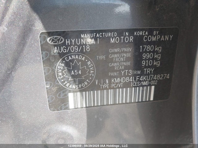 KMHD84LF4KU748274 Hyundai mpi nu