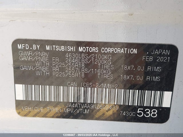 JA4ATVAA9NZ602439 Mitsubishi tc/ic mivec