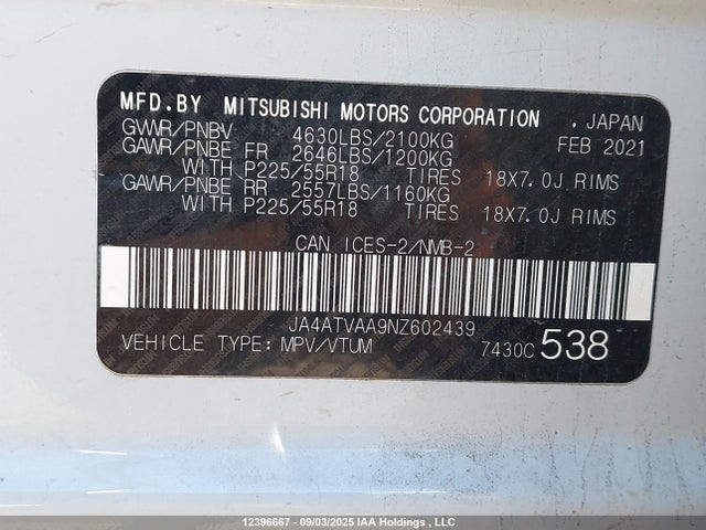 JA4ATVAA9NZ602439 Mitsubishi tc/ic mivec