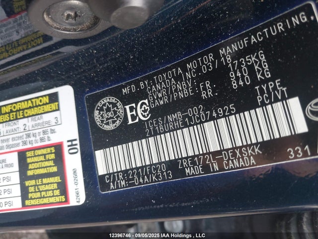 Toyota 2zr-fe 2018 2T1BURHE1JC074925 Image 9