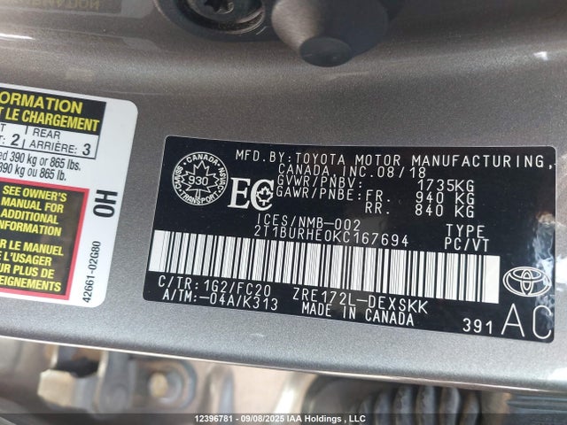 Toyota 2zr-fe 2019 2T1BURHE0KC167694 Image 9