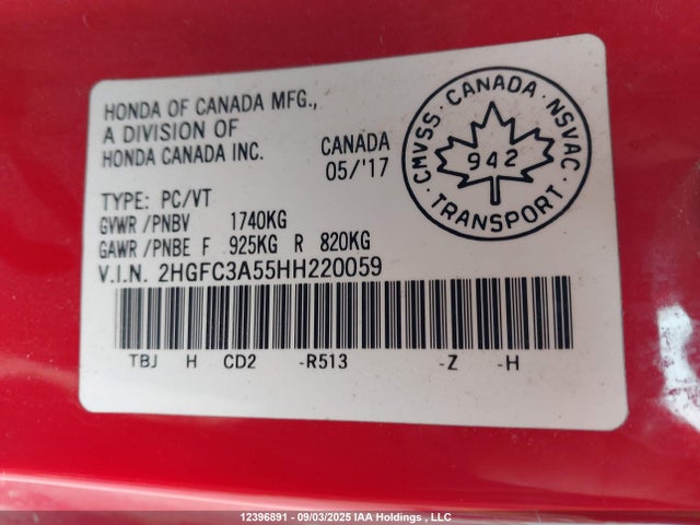 Honda l15b7 2017 2HGFC3A55HH220059 Image 9