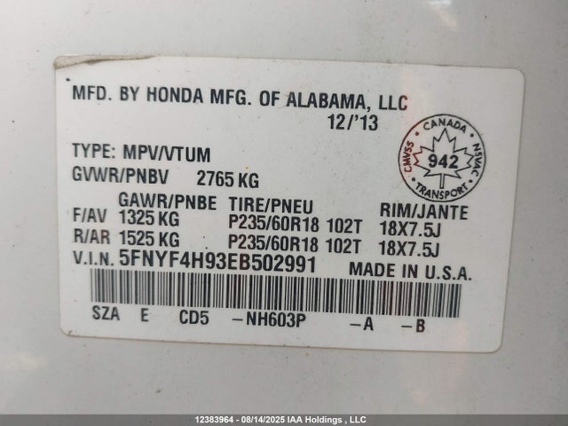 Honda j35z4 2014 5FNYF4H93EB502991 Image 9