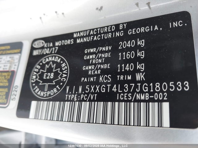 5XXGT4L37JG180533 KIA gdi
