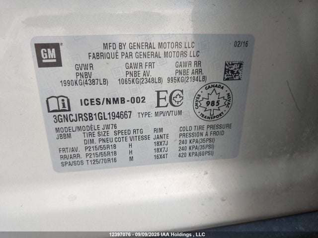 3GNCJRSB1GL194667 Chevrolet luv - mfi, vvt, alum, gme e85 max