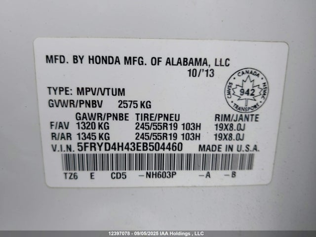 Acura j35y5 2014 5FRYD4H43EB504460 Image 9