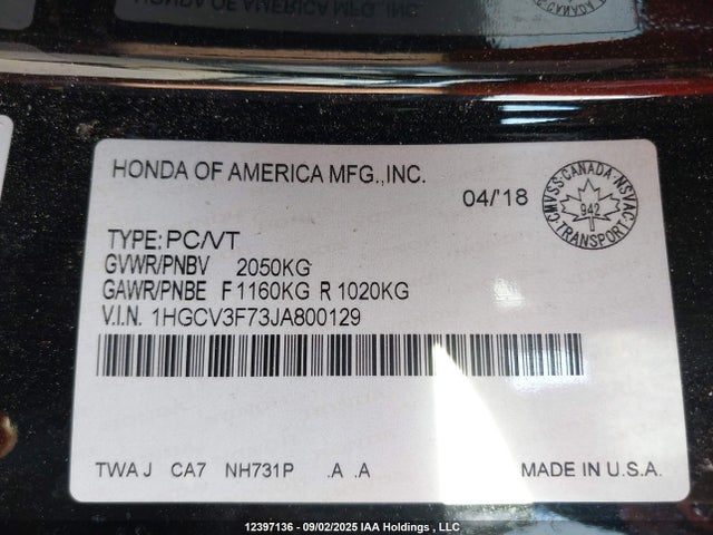 Honda lfb1/lfb2 2018 1HGCV3F73JA800129 Image 9