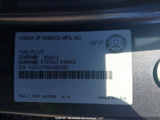 1HGCV1F93JA803392 Honda l15be