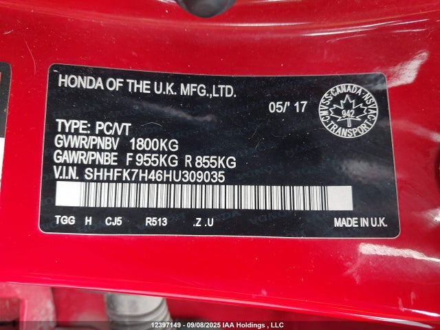 Honda l15ba 2017 SHHFK7H46HU309035 Image 9