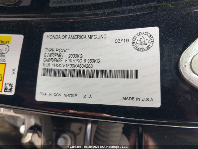 Продажа на аукционе авто 2019 Honda Accord Sport, vin: 1HGCV1F30KA804268, номер лота: 12397208