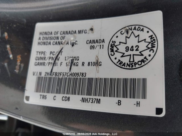 Продаж на аукціоні авто 2012 Honda Civic Ex 4dr, vin: 2HGFB2F57CH009783, номер лоту: 12397215