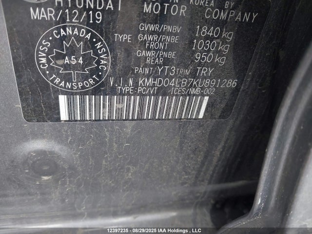 Hyundai Elantra 2019 KMHD04LB7KU891286 Image 9