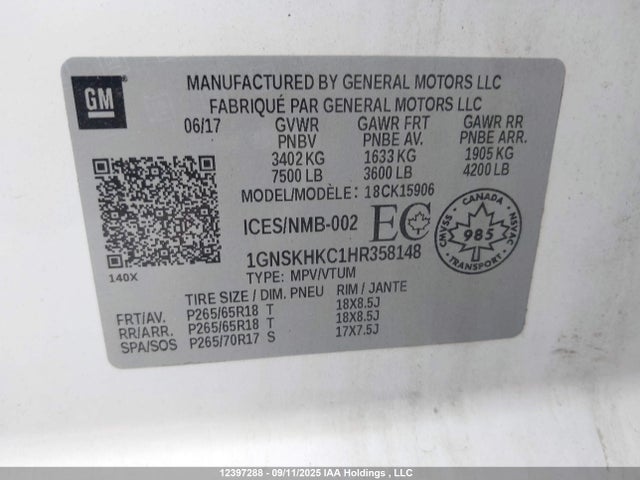 1GNSKHKC1HR358148 Chevrolet l83 - sidi: spark ignited direct injection, vvt: variable valve timing, afm, e85 max, alum