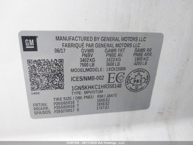 1GNSKHKC1HR358148 Chevrolet l83 - sidi: spark ignited direct injection, vvt: variable valve timing, afm, e85 max, alum