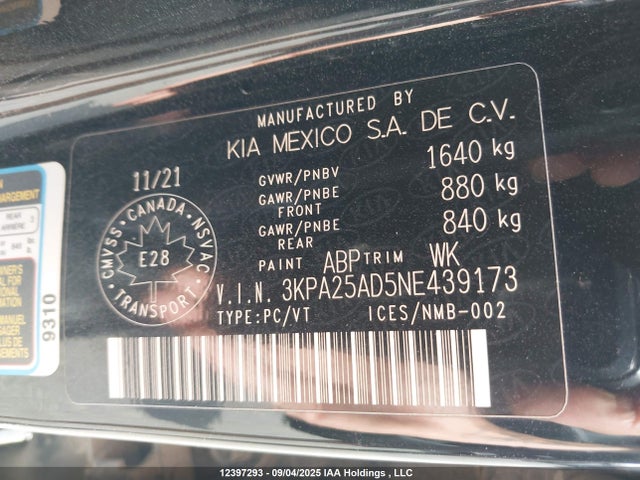 3KPA25AD5NE439173 KIA mpi gamma ii