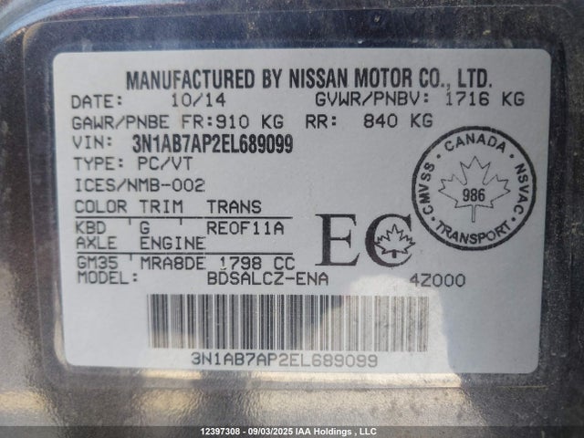 Nissan Sentra 2014 3N1AB7AP2EL689099 Image 9