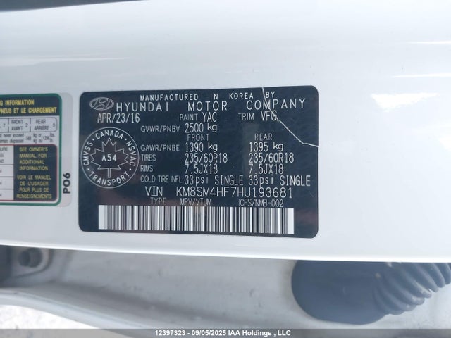 KM8SM4HF7HU193681 Hyundai gdi lambda ii