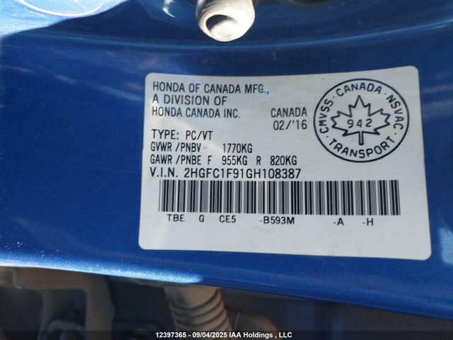 2HGFC1F91GH108387 Honda l15b7