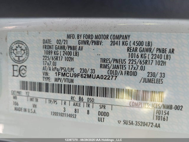 1FMCU9F62MUA02277 Ford dragon di tc