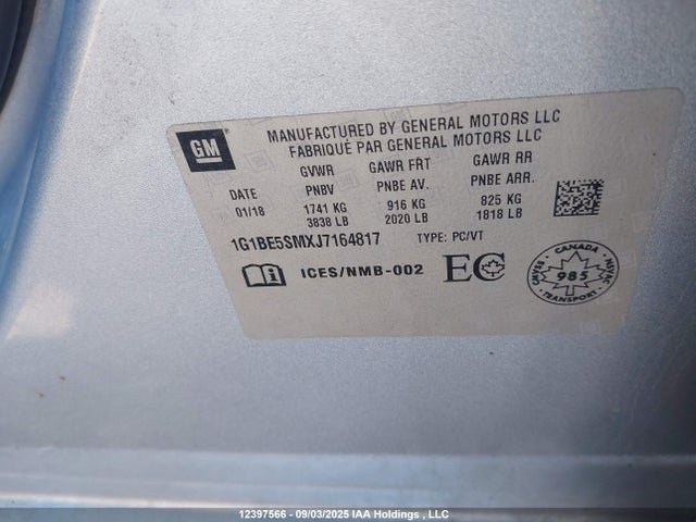 1G1BE5SMXJ7164817 Chevrolet le2 -di: direct injection, vvt: variable valve timing, gen, alum