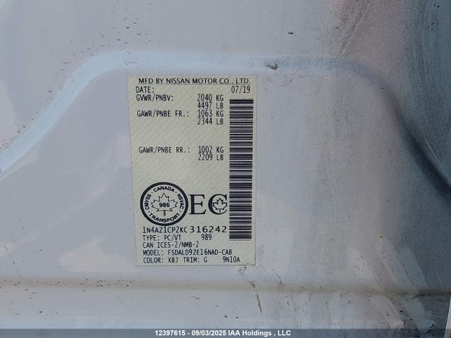 1N4AZ1CP2KC316242 Nissan Leaf