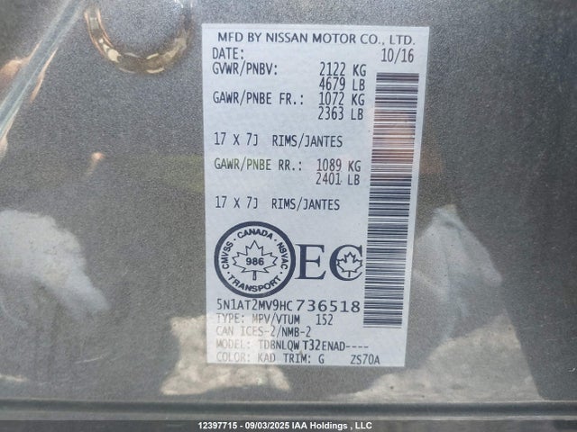 5N1AT2MV9HC736518 Nissan Rogue