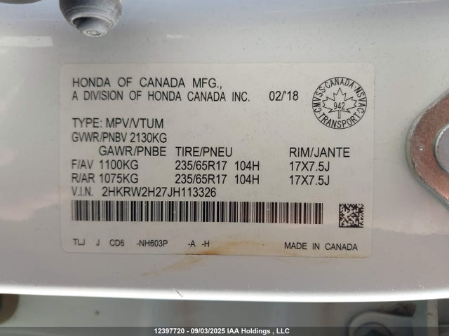 2HKRW2H27JH113326 Honda k24w9/k24v9